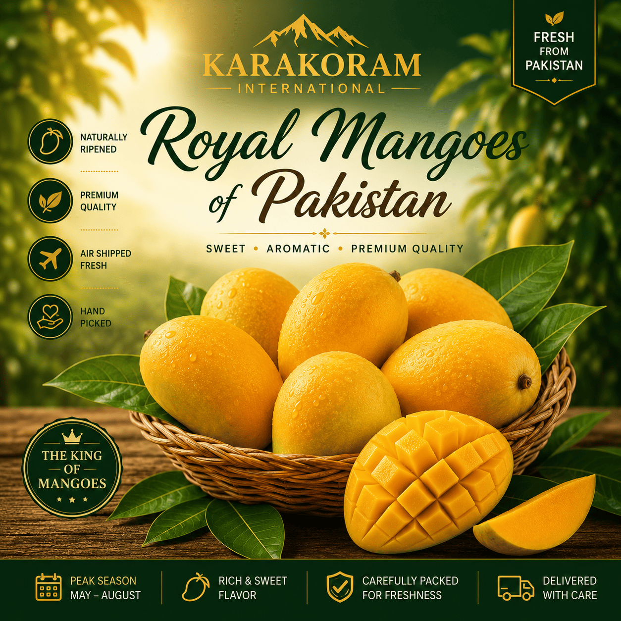 Fresh Pakistani mangoes — Chaunsa, Sindhri, and Anwar Ratol ready for international export